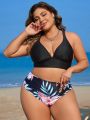 SHEIN Swim Classy Plus Size Women's Tropical Plant Printed Swimsuit Set