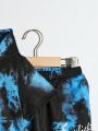 SHEIN Kids EVRYDAY 2pcs Young Boy Tie-Dye Letter Printed Short Sleeve Hooded Top And Jogger Pants