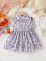 Baby Girls' Colorful Floral Print Sleeveless Dress With Pleats, Lace, Ruffles, Faux Belt, Zipper Closure And Comfortable Soft Fabric, Suitable For Spring And Summer