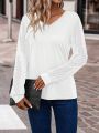 Women's Mesh Sleeve V-neck Blouse With Patchwork Design