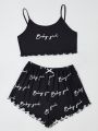 Letter Graphic Crop Cami Top & Bow Front Shorts PJ Set