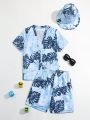 Tween Boys' Swimwear Set With Woven Fabric, Printed With Plant Pattern And Comes With Hat