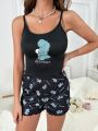 Cartoon & Letter Graphic Lettuce Trim Cami Top & Shorts PJ Set