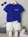 SHEIN 2Pcs/Set Young Boys' Blue Printed Short Sleeve Shirt And Pants Soft Comfortable Outfits For Summer Vacation