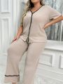 Plus Size Solid Color Top And Pants Homewear Set