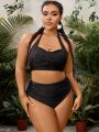 SHEIN Swim Vcay Plus Size Solid Color Pleated Halter Neck Bikini Set