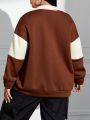 SHEIN EZwear Plus Size Women'S Color Block Turtleneck Sweatshirt With Letter Print