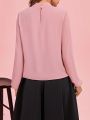 SHEIN Clasi Women  Valentine's Day  Stand Collar Lace Decorated Lantern Sleeve Pink Shirt