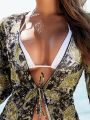 SHEIN Swim Vcay 1pc Fringe Detail Full-Length Paisley Kimono