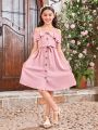 SHEIN Kids FANZEY Tween Girl Off-Shoulder Double Layered Flounce Dress With Detachable Waistbelt