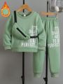 SHEIN Kids HYPEME Young Boy Slogan Graphic Thermal Lined Sweatshirt & Sweatpants & Bag