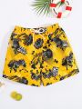 SHEIN Teen Boys' Casual Loose Beach Woven Swimming Trunks With Game Controller & Letter Print