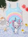 SHEIN Young Girl Knitted Rainbow Unicorn Pattern One Piece Swimsuit With Spaghetti Straps