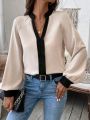 SHEIN Privé Color Block Notched V-neck Blouse