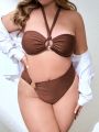 SHEIN Swim Chicsea Plus Size Women'S Halterneck Lace-Up Swimsuit Suit