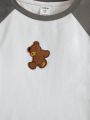 SHEIN Kids QTFun Tween Girls' Knitted Patchwork Teddy Bear Short Sleeve T-Shirt For Casual Wear