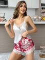 Solid Color Lace Trimmed Cami Top And Floral Print Shorts Pajama Set