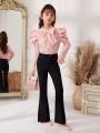 SHEIN Tween Girl Mock Neck Bow Front Gigot Sleeve Blouse