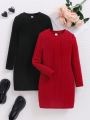 SHEIN Kids EVRYDAY Tween Girls' Knitted Solid Color Round Neck Bodycon Casual Dresses 2pcs/Pack