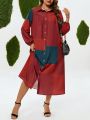 Plus Size Lantern Sleeve Contrast Color Shirt Dress