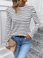 SHEIN LUNE Women's Striped Round Neck T-shirt With Puff Sleeve