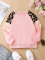 Young Girl Striped & Leopard Print Raglan Sleeve Sweatshirt