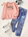 SHEIN Kids Y2Kool Tween Girl Letter Graphic Sweatshirt & Denim-Effect Print Pants