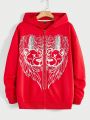 SHEIN Men Wing & Bear Print Zip Up Hoodie