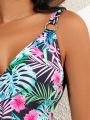 SHEIN DD+ Tropical Print Knotted Side One-Piece Swimsuit