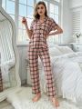 Women's Plaid Short Sleeves Button-front Pajama Set