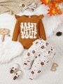 Baby Girl Autumn And Winter Letter Print Jumpsuit And Ruffled Trousers