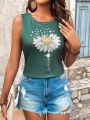 Women's Sunflower & Letter Print Round Neck Tank Top