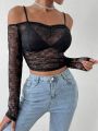 SHEIN BAE Off-shoulder Lace Perspective Women's Top