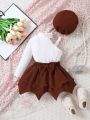 Baby Girls' Asymmetric Shoulder T-shirt And Bowknot Skirt Set With Hat