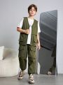 SHEIN Kids EVRYDAY 3pcs/Set Tween Boys' Loose-Fit Casual Round Neck Solid Short Sleeve T-Shirt And Woven Vest Jacket And Jogger Pants