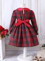 Young Girl Tartan Print Peter Pan Collar Bow Front Dress