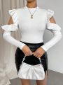 SHEIN Privé Ribbed Knit Slim Fit Long Sleeve T-Shirt With Cold-Shoulder Design And Ruffle Trim