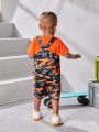 Baby Boys' Summer Orange Round Neck Top With Overall Shorts Set