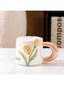 1pc Ceramic Coffee Mug 13oz With Orange Tulip Design For Women, Gift Mug Suitable For Office And Home, Dishwasher And Microwave Safe