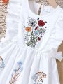 SHEIN Kids EVRYDAY Toddler Girls' Casual Floral Embroidery Flying Sleeve Dress