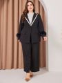 Plus Size Fuzzy Trim Contrast Trim Single-button Blazer And Trousers Set