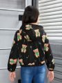 SHEIN Tween Girl Bear Print Fuzzy Lined Hooded Jacket