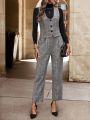 SHEIN Clasi 1pc Plaid Buttoned Vest Jacket And 1pc Suit Pants Set