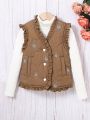 Girls' Thickened Padded Vest With Embroidery, Knitted Cuff, Fleece Lining, Lace Trim And Patch Pockets For Warmth