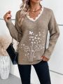 Butterfly Embroidery Lace Trim V-Neck Sweater