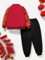 SHEIN Boys' Loose Casual Half Turtleneck Patterned Sweatshirt And Sweatpants Hanfu Two-piece Set