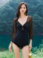 Women's Mesh Insert Off-shoulder Long Sleeve One Piece Swimsuit