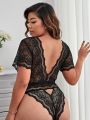 Plus Floral Lace Scallop Trim Plunging Neck Lace Teddy Bodysuit