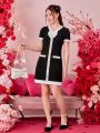 Teenage Girls' Colorblock Button Detail Bowknot Decor Dress With Rolled Hem