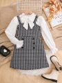 SHEIN Kids HYPEME Tween Girl Houndstooth Print Flounce Sleeve Tie Neck Blouse & Double Breasted Cami Dress